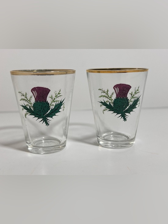 Source Unknown Other - 2-VTG Scottish Thistle Heather Shot Glasses Gold Trim NS 236 Purple Green MCM